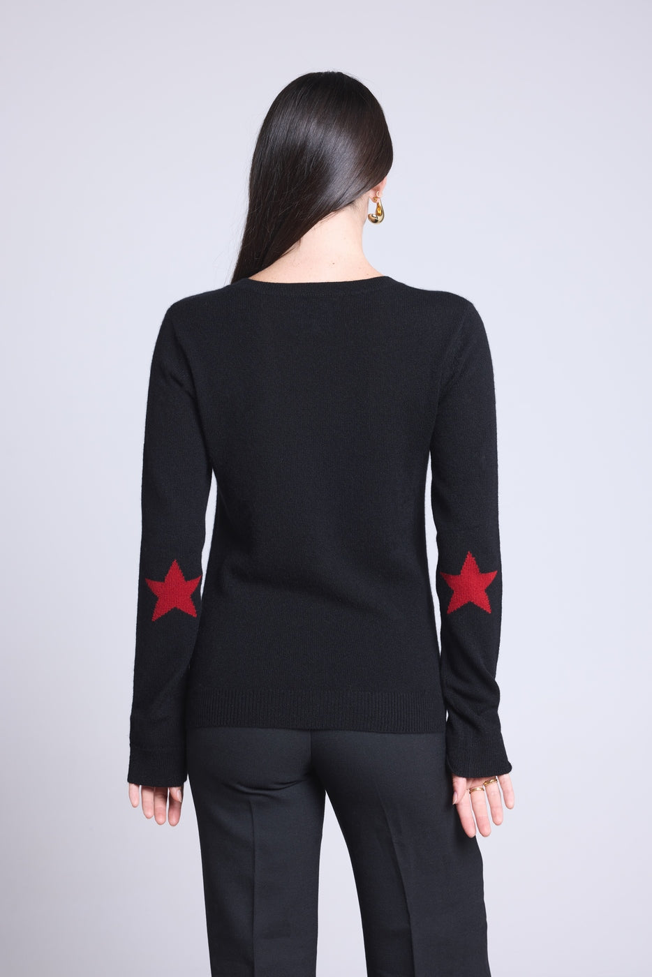 Round Neck Star Elbow Patches Jumper Sonia - Black Red - Unisex