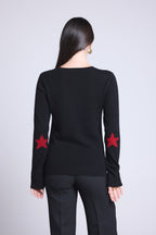 Round Neck Star Elbow Patches Jumper Sonia - Black Red - Unisex