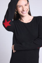 Round Neck Star Elbow Patches Jumper Sonia - Black Red - Unisex