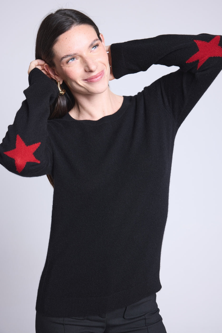 Round Neck Star Elbow Patches Jumper Sonia - Black Red - Unisex