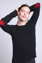 Round Neck Star Elbow Patches Jumper Sonia - Black Red - Unisex