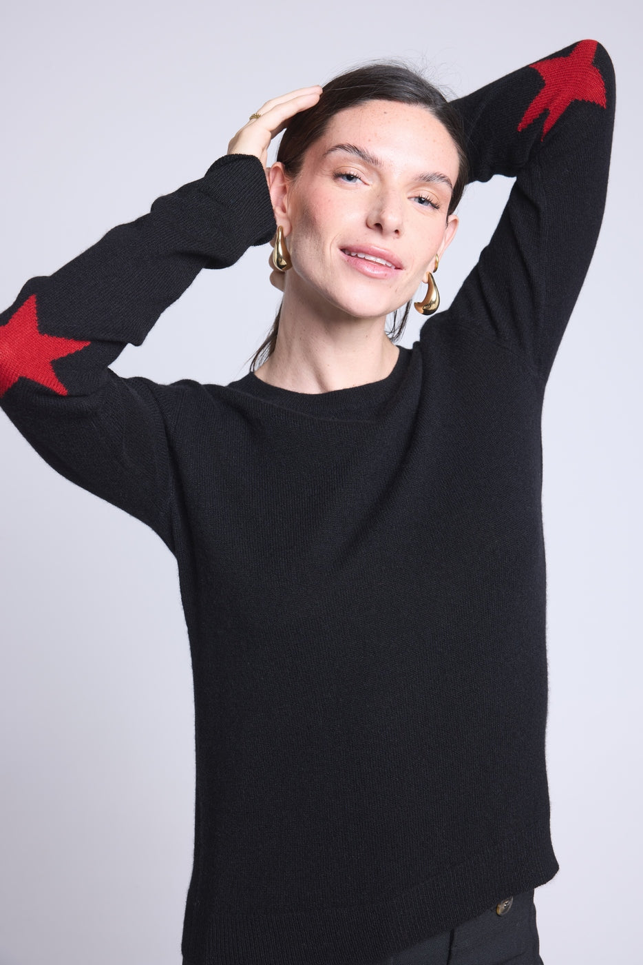 Round Neck Star Elbow Patches Jumper Sonia - Black Red - Unisex