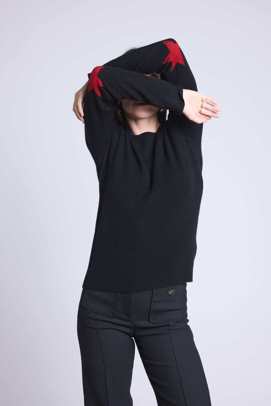 Round Neck Star Elbow Patches Jumper Sonia - Black Red - Unisex