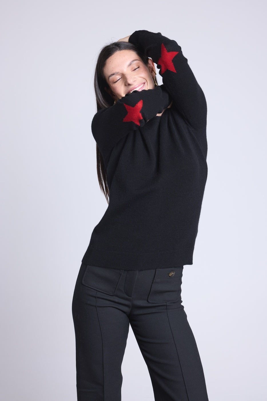 Round Neck Star Elbow Patches Jumper Sonia - Black Red - Unisex