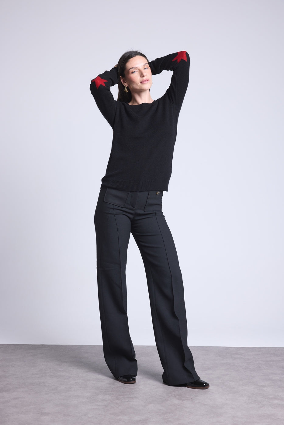 Round Neck Star Elbow Patches Jumper Sonia - Black Red - Unisex