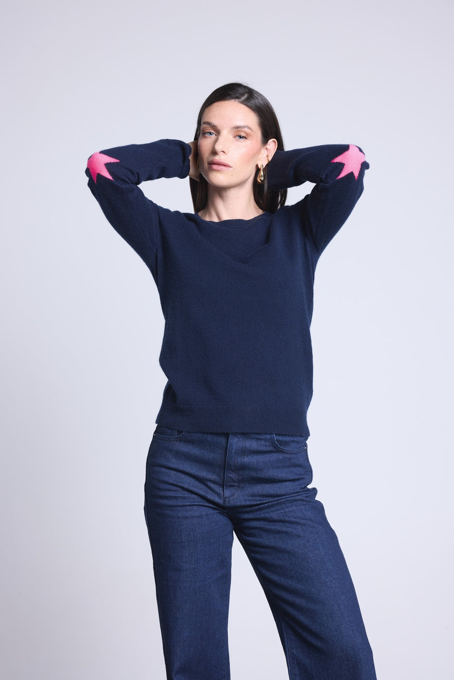 Pull Col Rond Etoiles Coudes Sonia - Bleu Marine Rose Fluo - Mixte