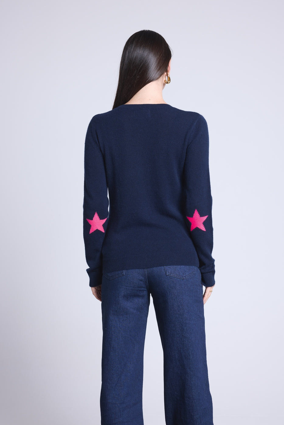 Pull Col Rond Etoiles Coudes Sonia - Bleu Marine Rose Fluo - Mixte