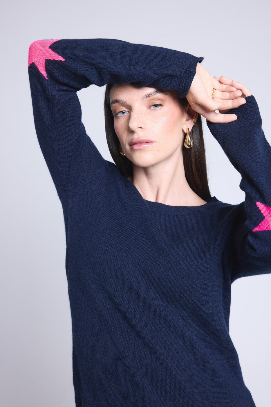 Pull Col Rond Etoiles Coudes Sonia - Bleu Marine Rose Fluo - Mixte