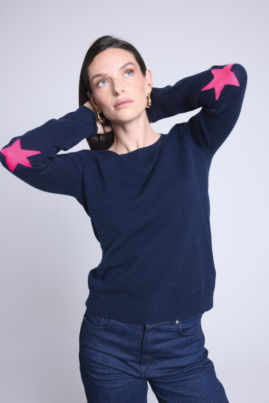 Pull Col Rond Etoiles Coudes Sonia - Bleu Marine Rose Fluo - Mixte