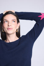 Pull Col Rond Etoiles Coudes Sonia - Bleu Marine Rose Fluo - Mixte