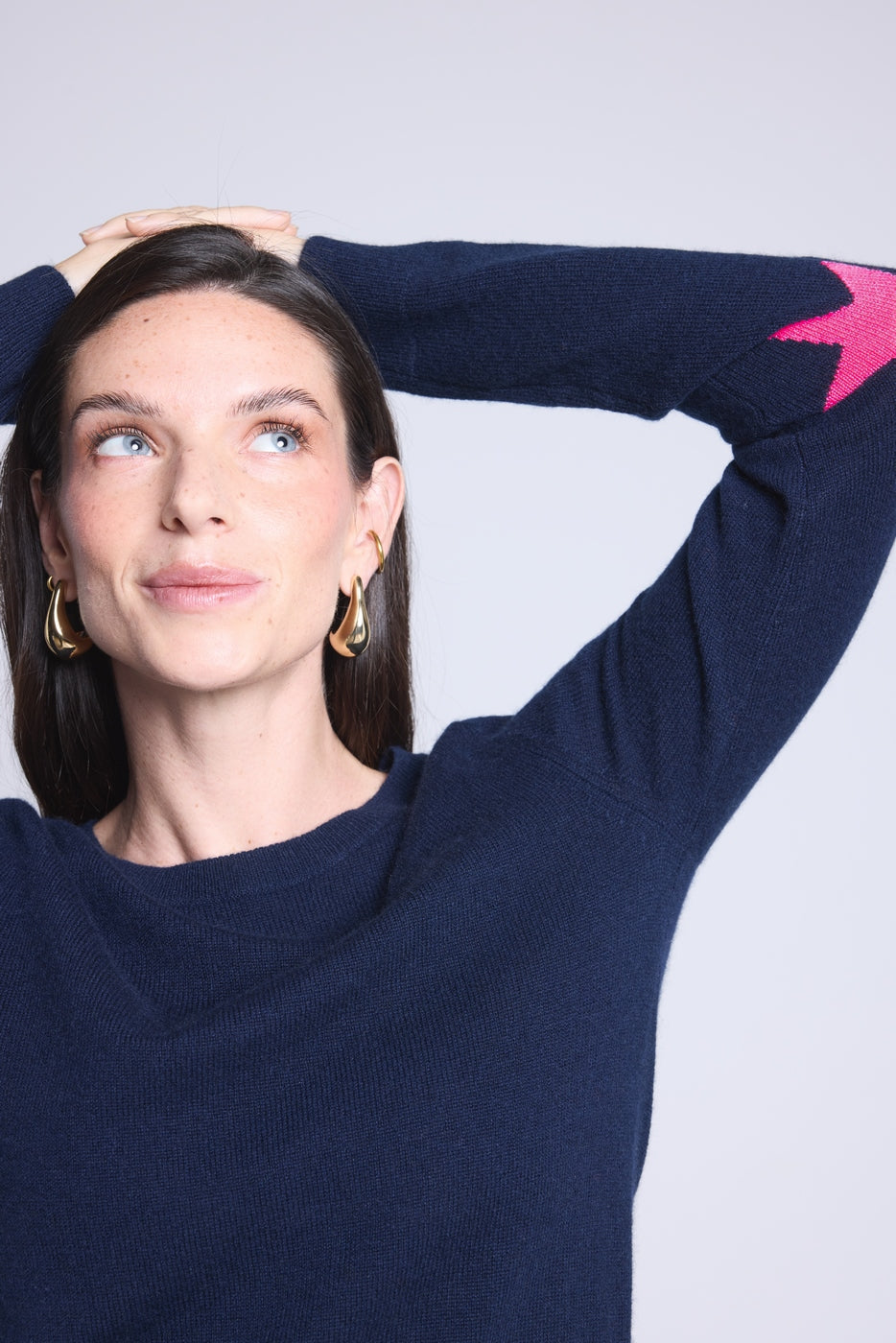 Pull Col Rond Etoiles Coudes Sonia - Bleu Marine Rose Fluo - Mixte