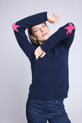 Pull Col Rond Etoiles Coudes Sonia - Bleu Marine Rose Fluo - Mixte