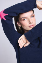Pull Col Rond Etoiles Coudes Sonia - Bleu Marine Rose Fluo - Mixte