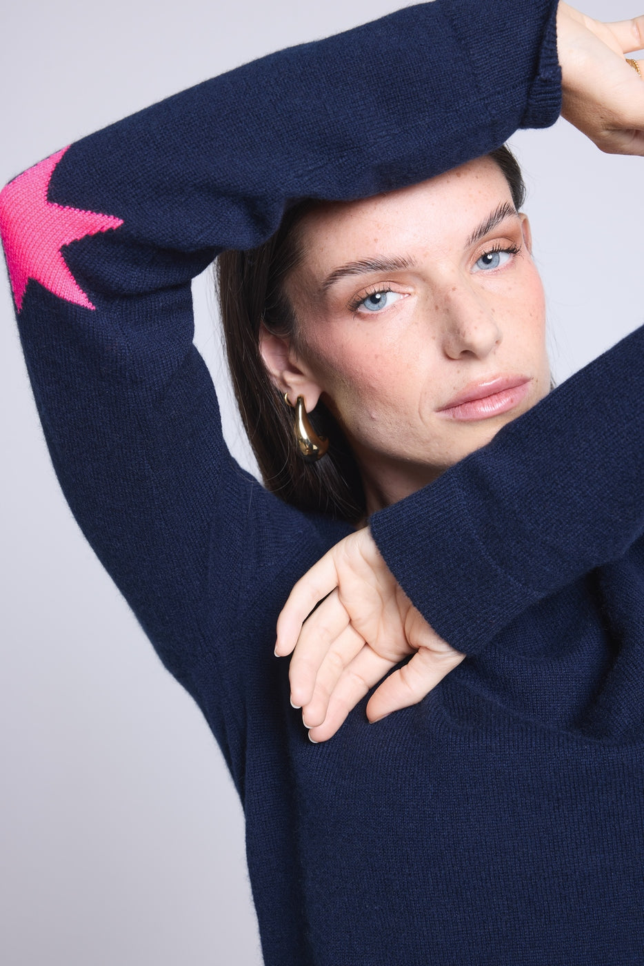 Pull Col Rond Etoiles Coudes Sonia - Bleu Marine Rose Fluo - Mixte
