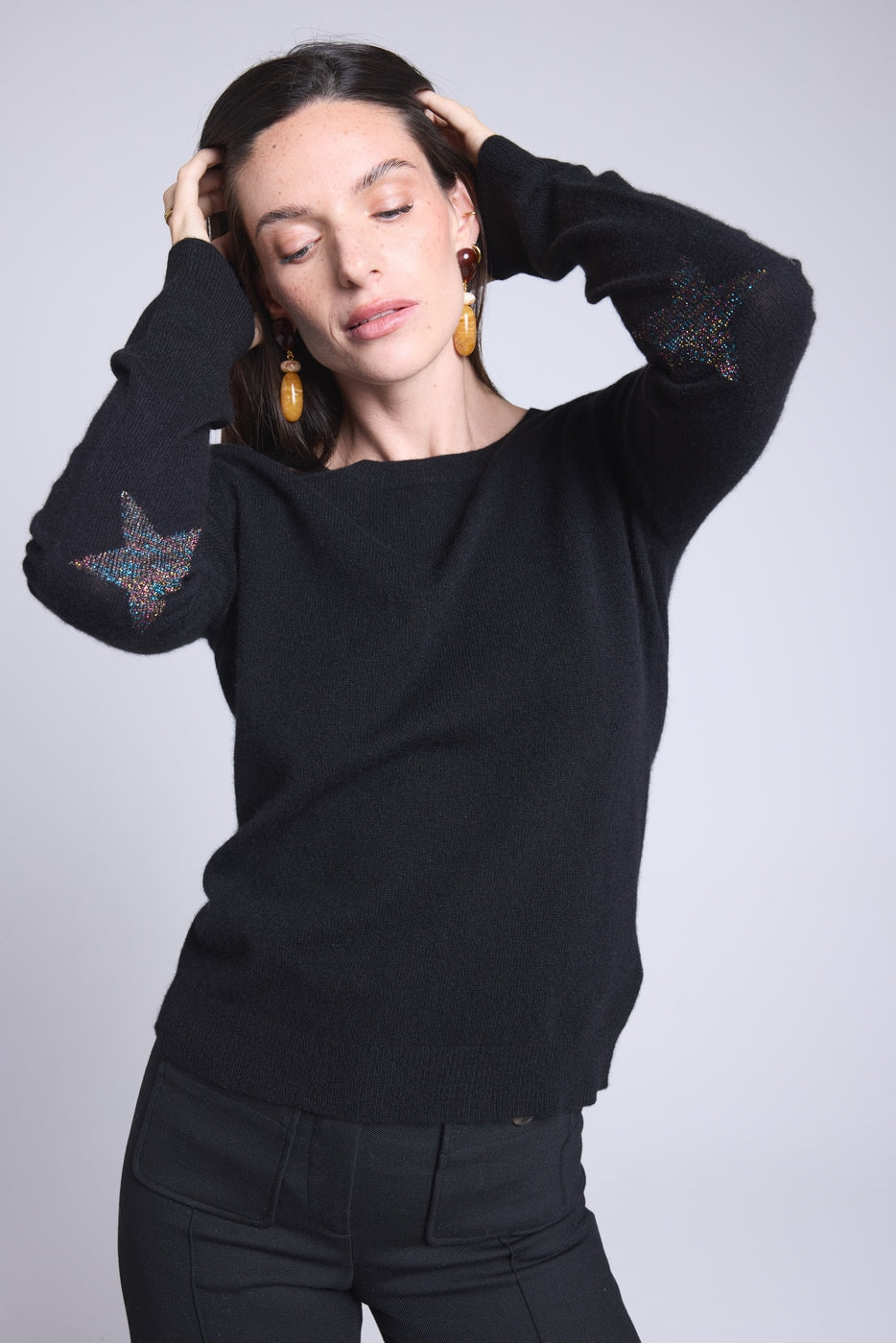 Jersey de cuello redondo con estrellas en los codos Sonia - Negro lúrex multicolor - Unisex