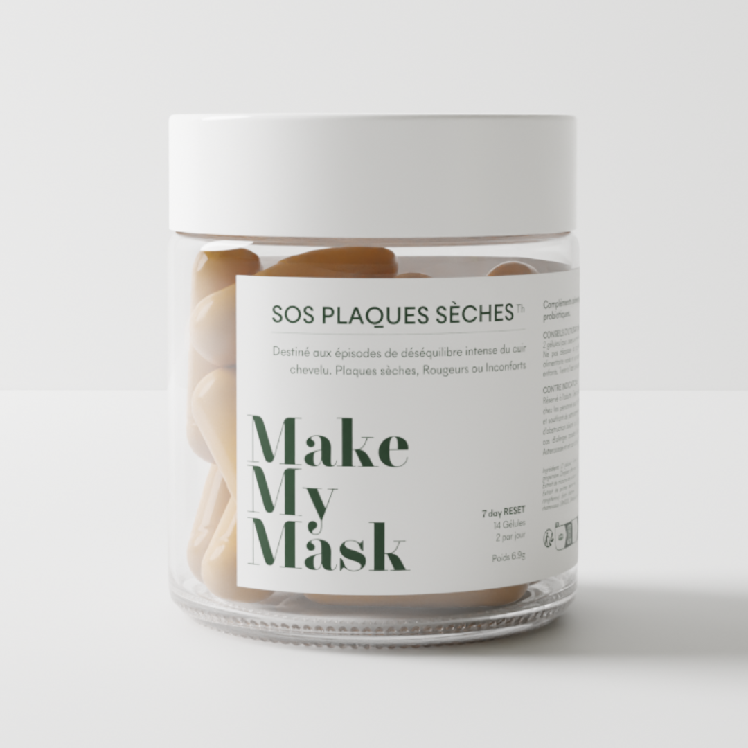 MakeMyMask's SOS Dry Patches supplement that targets scalp psoriasis and dry patches & dandruff