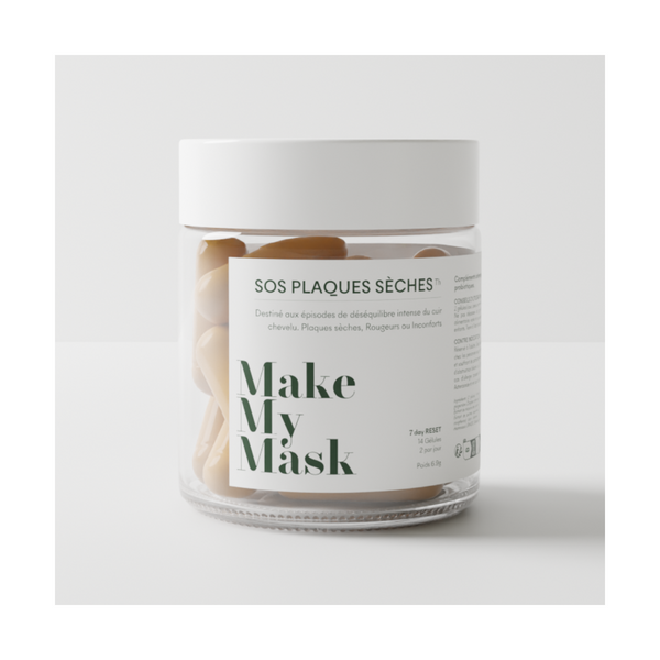 Le complément SOS Plaques Sèches de MakeMyMask qui cible le psoriasis du cuir chevelu et les plaques & pellicules sèches