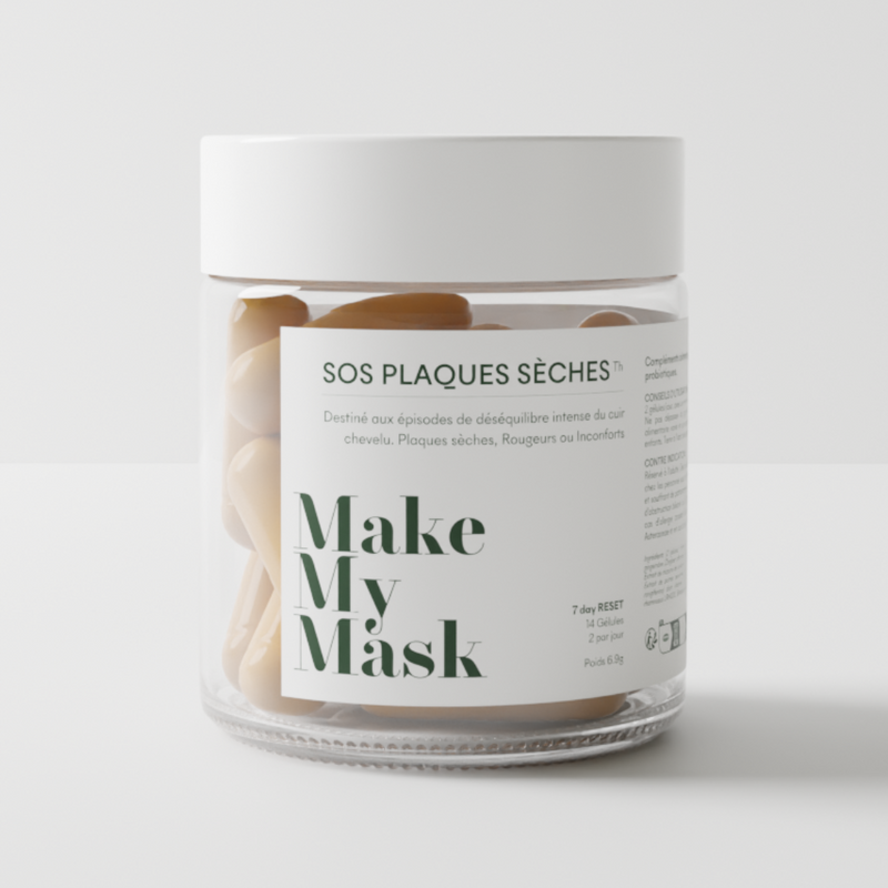 Le complément SOS Plaques Sèches de MakeMyMask qui cible le psoriasis du cuir chevelu et les plaques & pellicules sèches