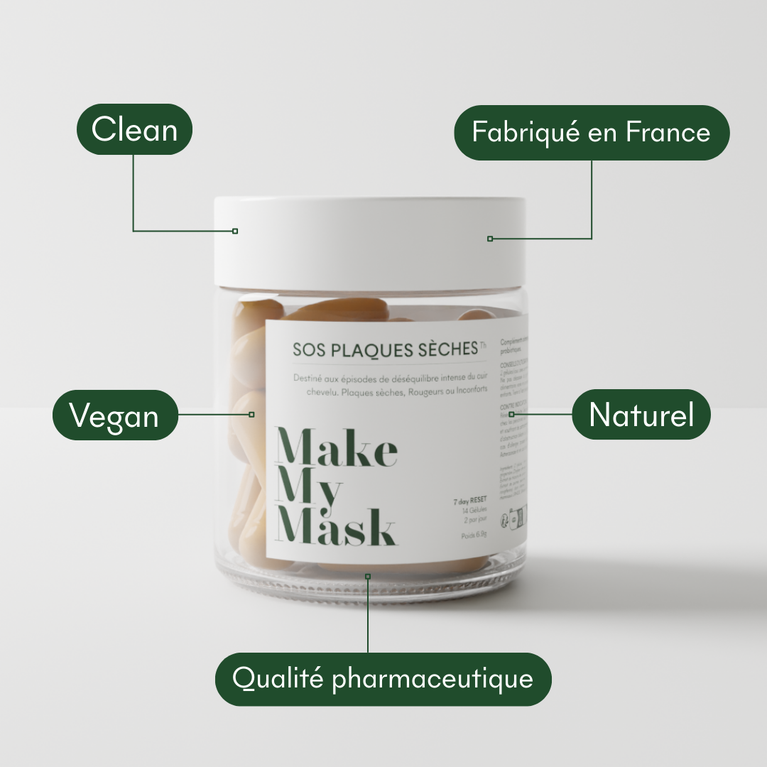 MakeMyMask's SOS Dry Patches supplement is clean, vegan, natural, made in France and of pharmaceutical quality