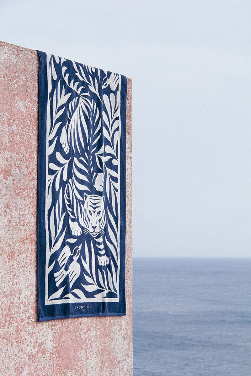 Serviette De Plage Tigre - Bleu Océan / Crème