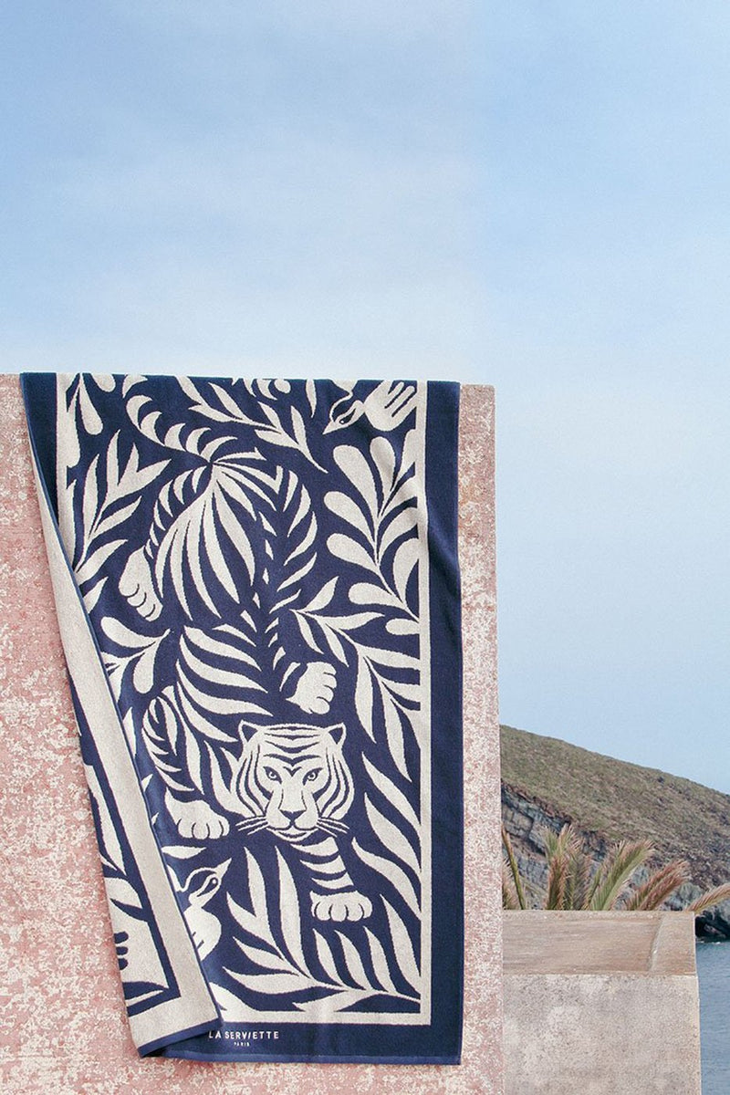 Serviette De Plage Tigre - Bleu Océan / Crème