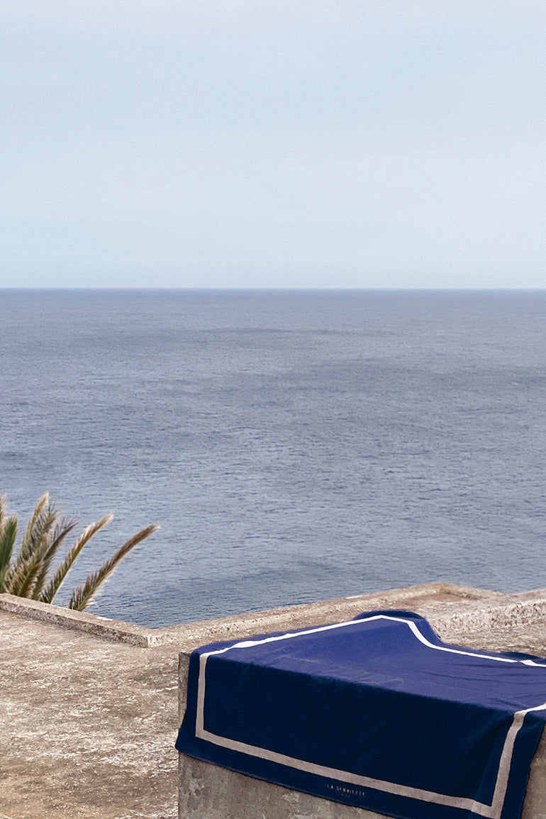 Serviette De Plage XXL Unie - Bleu Océan / Crème