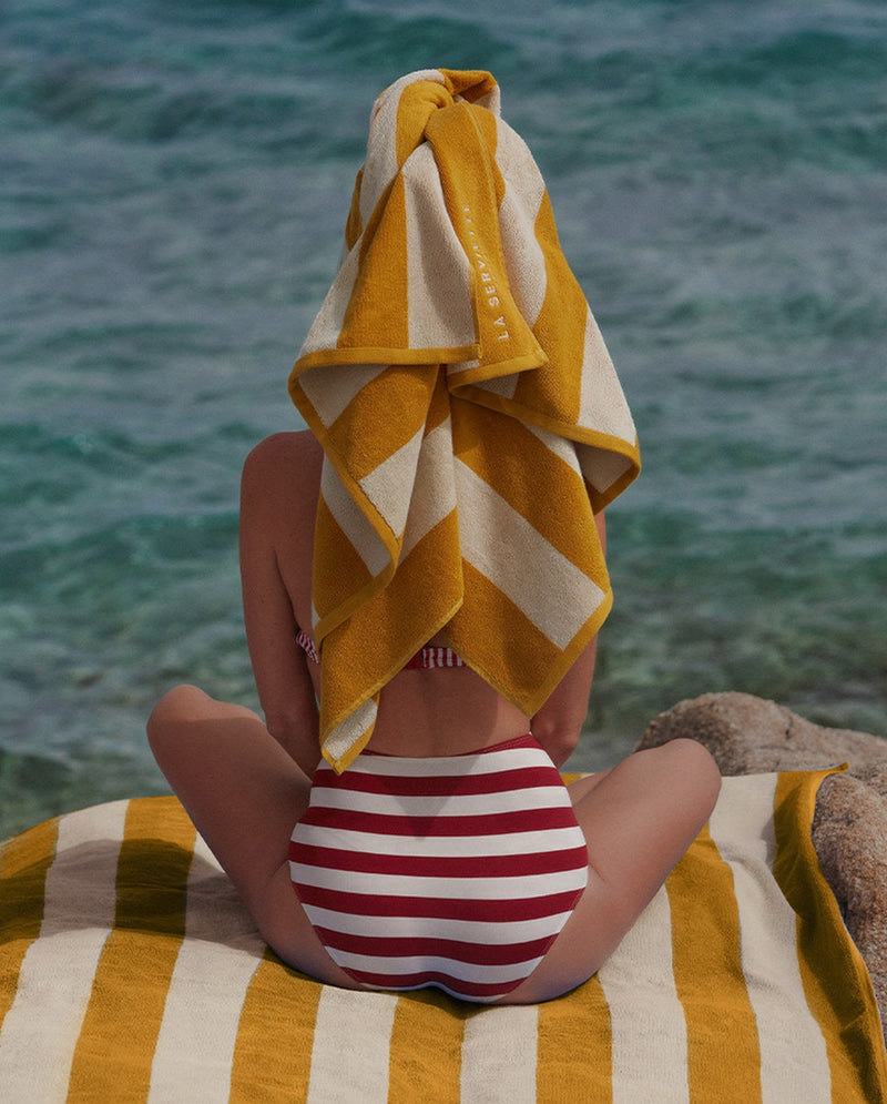 Serviette De Plage XXL Rayures - Jaune Gold / Crème