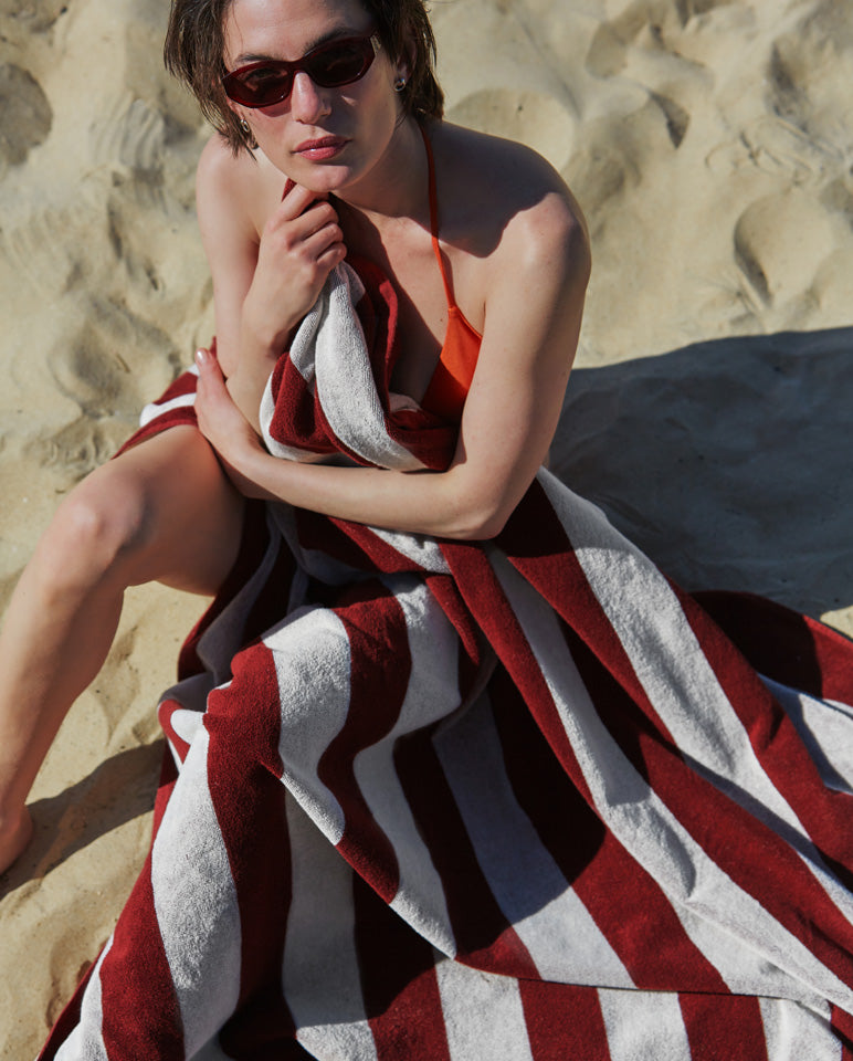 Serviette De Plage Rayures  - Rouge Grenat et Crème