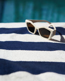 Serviette De Plage Rayures - Bleu Océan / Crème
