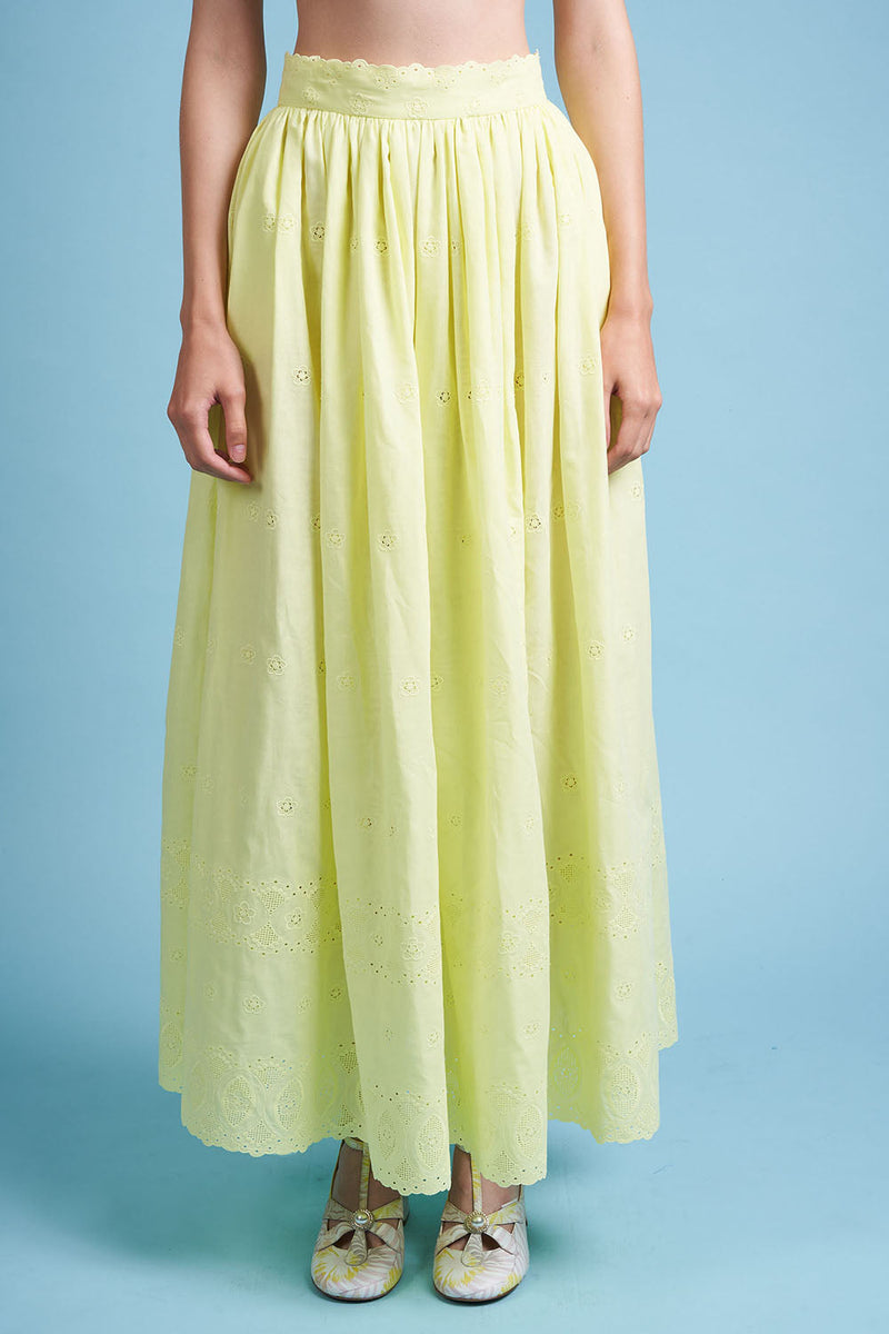 Long skirt in embroidered cotton close up - yellow