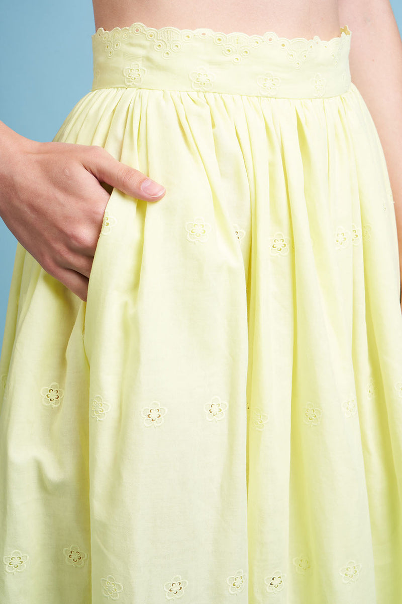 Long skirt in embroidered cotton details - yellow