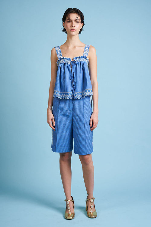 High-waisted shorts with full-length embroidered braid - Blue