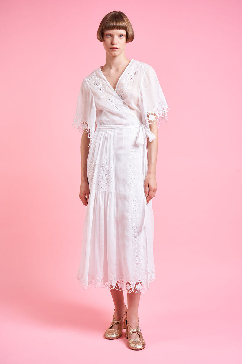 Wrap dress in double cotton muslin full length - Blanc
