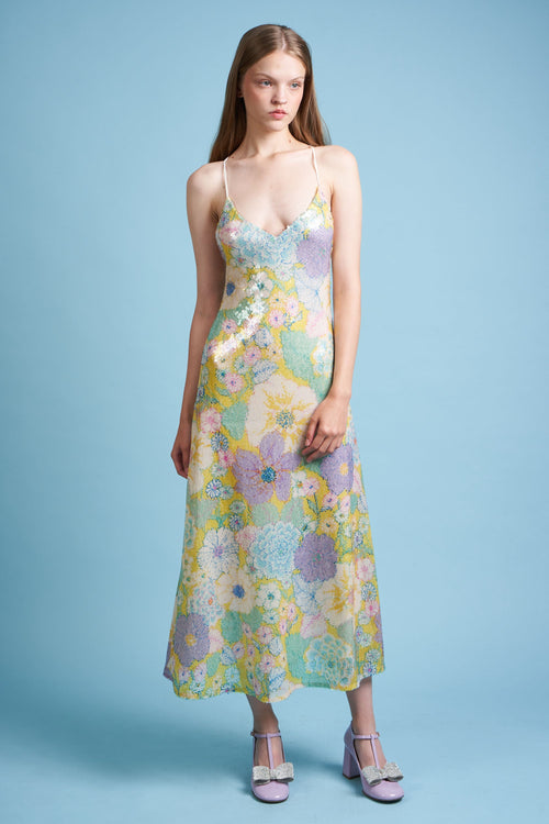 Sequin Embroidered Tulle Floral Print Midi Length Dress