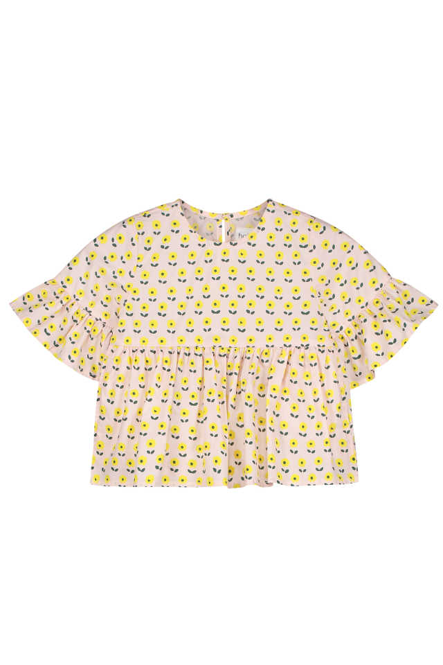 Blouse PIA chemise haut à volants  pour enfant bébé mixte unisexe en coton 100% bio certifié GOTS style vintage motif petites fleurs jaunes