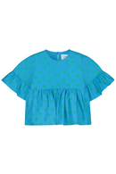 Blouse PIA chemise haut à volants  pour enfant bébé mixte unisexe en coton 100% bio certifié GOTS style vintage couleur bleu motif cœurs verts, vue recto