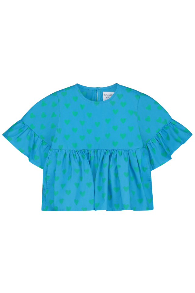 Blouse PIA chemise haut à volants  pour enfant bébé mixte unisexe en coton 100% bio certifié GOTS style vintage couleur bleu motif cœurs verts, vue recto