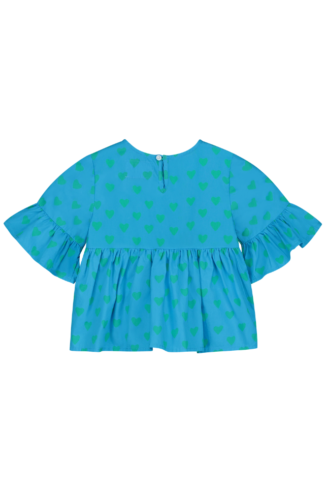 Blouse PIA chemise haut à volants  pour enfant bébé mixte unisexe en coton 100% bio certifié GOTS style vintage couleur bleu motif cœurs verts, vue verso