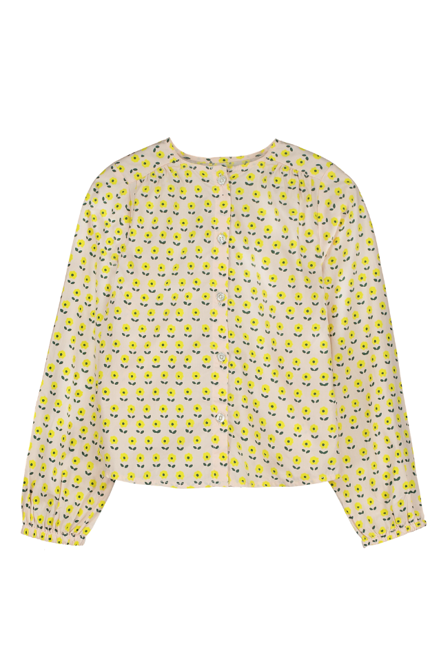 Blouse SASHA chemise à manches longues col rond pour enfant mixte unisexe en coton 100% bio certifié GOTS style vintage imprimé petites fleurs jaunes