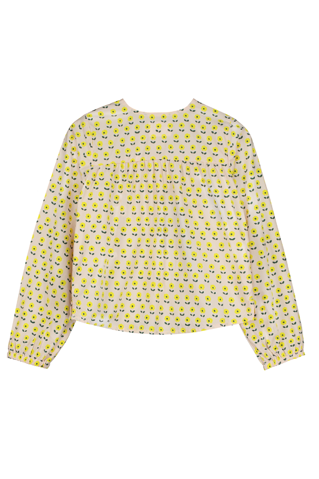 Blouse SASHA chemise à manches longues col rond pour enfant mixte unisexe en coton 100% bio certifié GOTS style vintage imprimé petites fleurs jaunes, vue verso