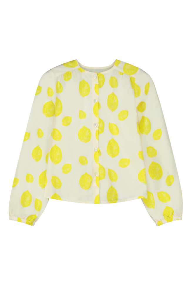 Blouse SASHA chemise à manches longues col rond pour enfant mixte unisexe en coton 100% bio certifié GOTS style vintage imprimé citrons, vue recto