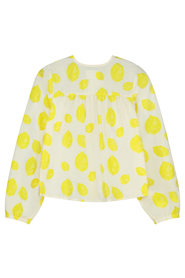 Blouse SASHA chemise à manches longues col rond pour enfant mixte unisexe en coton 100% bio certifié GOTS style vintage imprimé citrons, vue verso