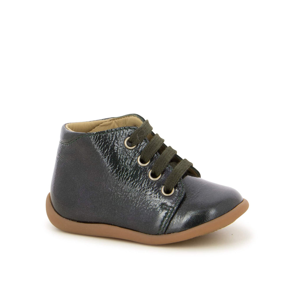 Pom d'Api – Pom D'Api - Stand-Up Bottine - Anthracite, chaussure montante bébé vert foncé, lacets et semelle marron, vue de côté