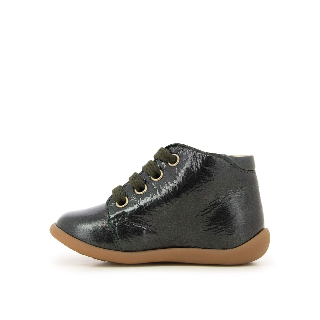Pom d'Api – Pom D'Api - Stand-Up Bottine - Anthracite, chaussure montante vernie vert foncé avec lacets et semelle marron