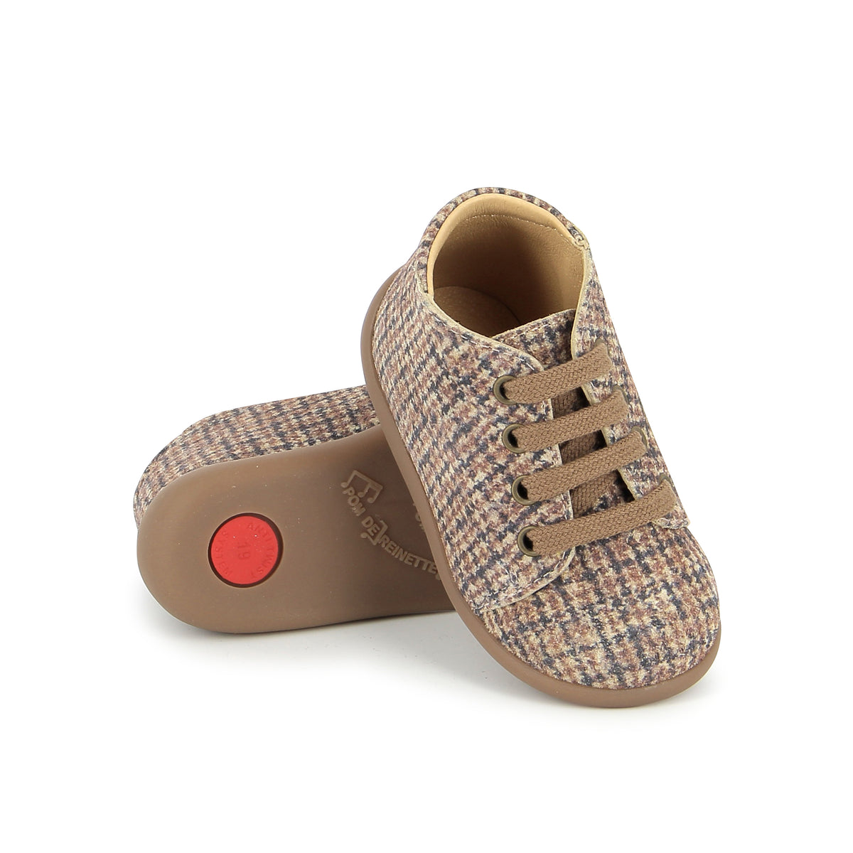 Pom d'Api – Pom D'Api - Stand-Up Bottine - Sable, chaussures bébé marron à lacets, motif pied-de-poule, semelles marron clair
