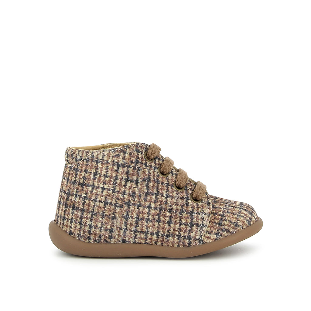Pom d'Api – Pom D'Api - Stand-Up Bottine - Sable, chaussure bébé montante à lacets, motif pied-de-poule marron et beige