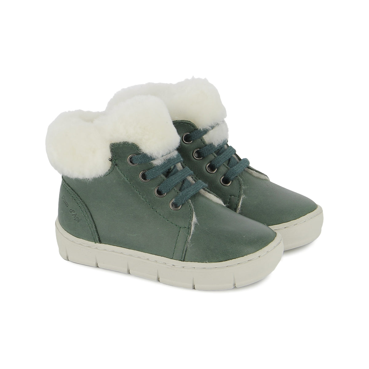 Pom d'Api – Pom D'Api - Start Top Fur - Vert Forêt, chaussures montantes vertes avec fourrure blanche, lacets verts, semelles blanches