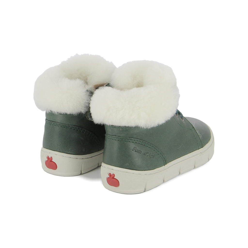 Pom d'Api – Pom D'Api - Start Top Fur - Vert Forêt, chaussures montantes pour enfant en cuir vert avec intérieur en fourrure blanche