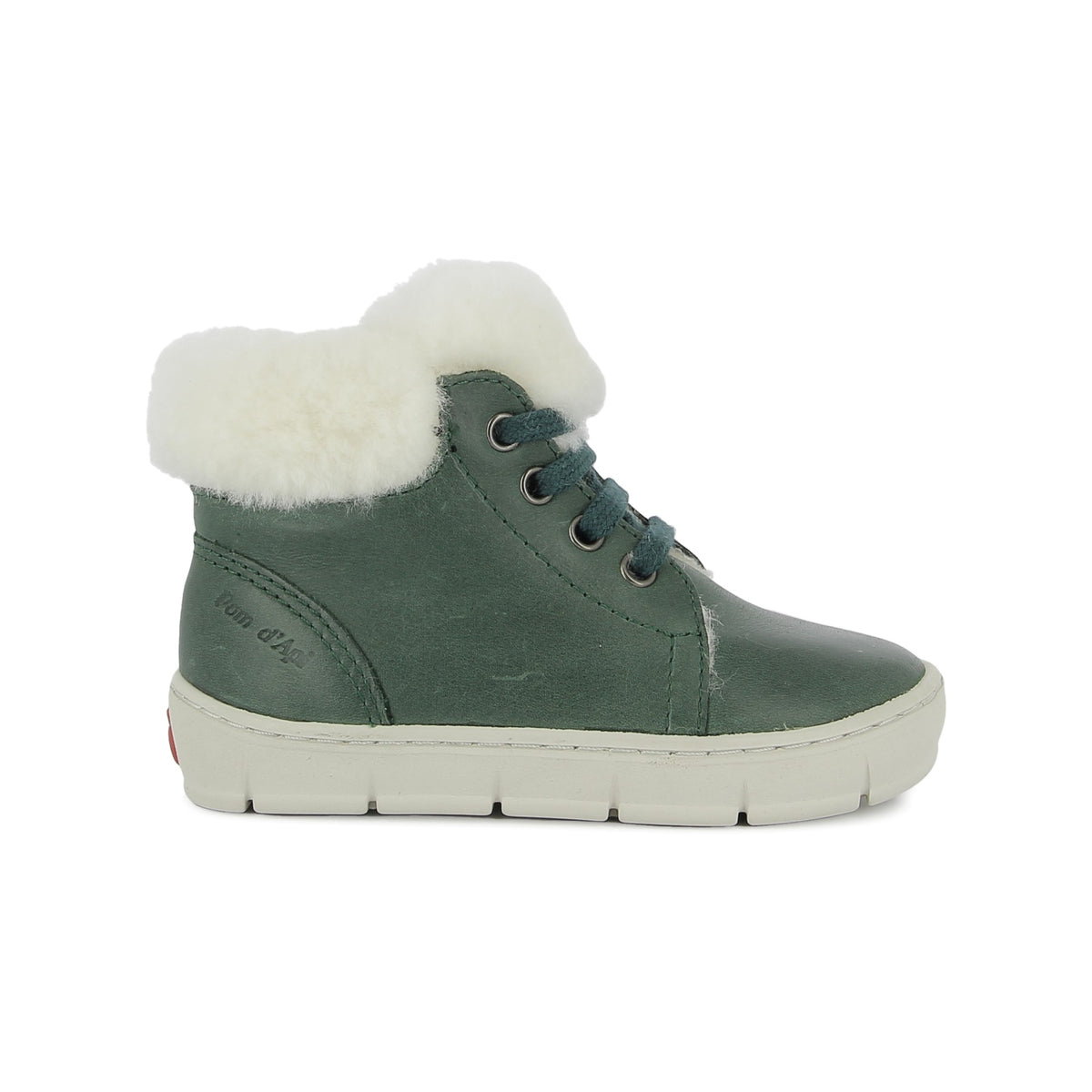 Pom d'Api – Pom D'Api - Start Top Fur - Vert Forêt, chaussure montante verte avec fourrure blanche, vue de profil