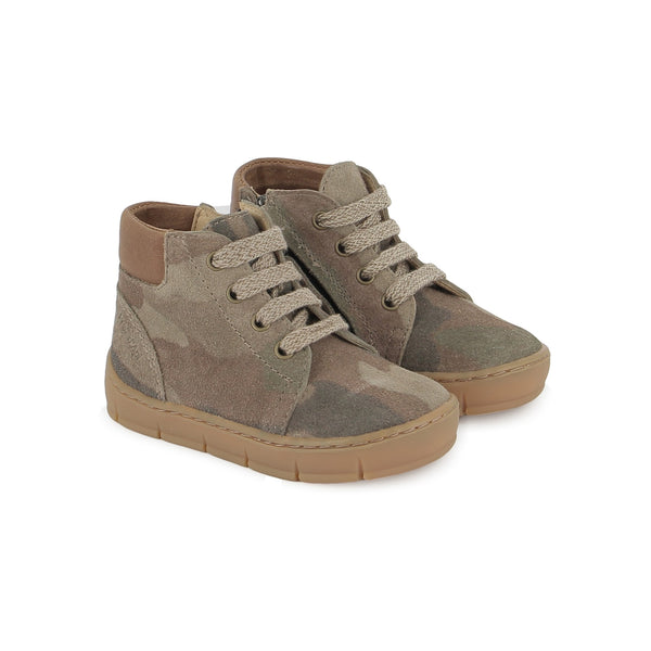 Pom d'Api – Pom D'Api - Start Top - Multicolore, une paire de baskets montantes en daim camouflage, lacets beiges, semelles marron